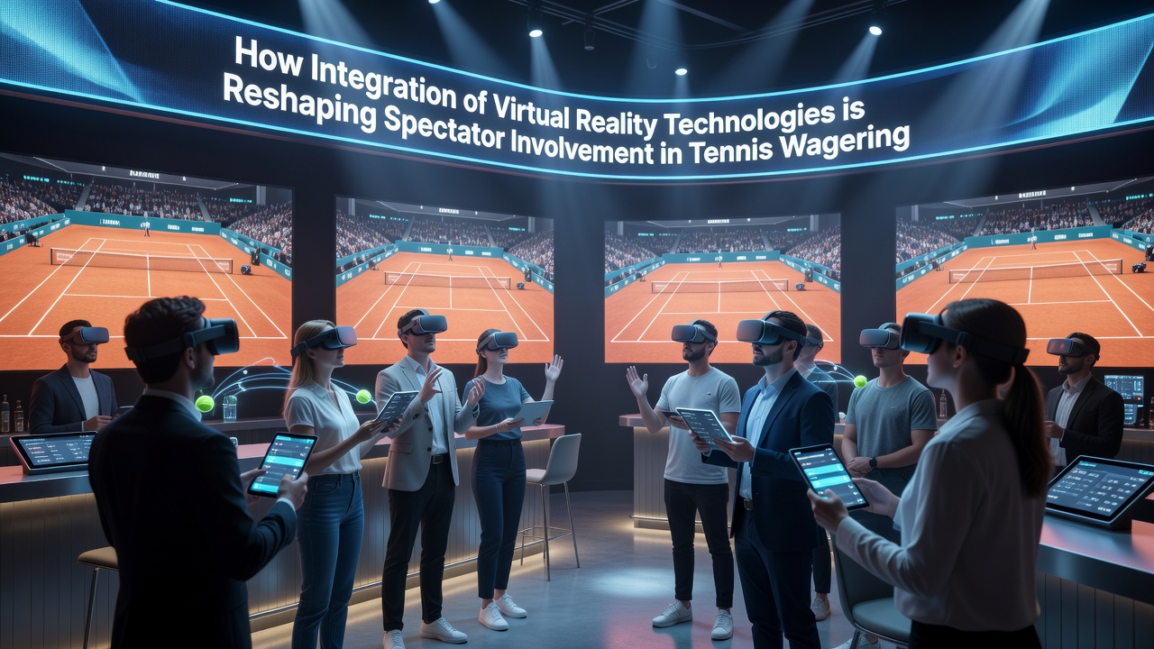Spectators using VR headsets at a tennis venue with real-time wagering interfaces visible